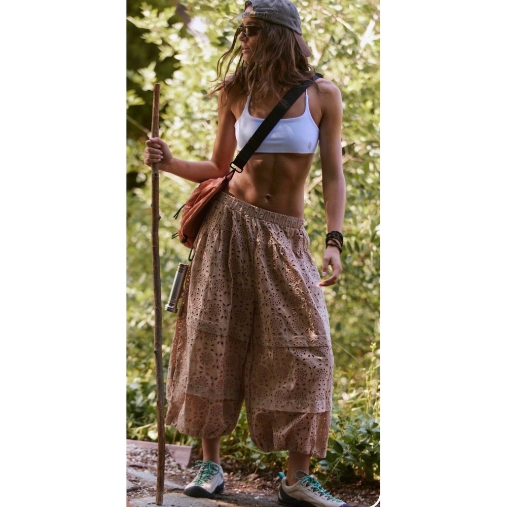 Free People Gonna Love Me Pants Eyelet Lace Tiered Wide Leg Tan Medium NWT